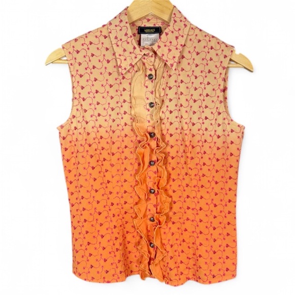 Versace Jeans Collection Peach Embroidered Ruffle Button-Down Top - Picture 4 of 11